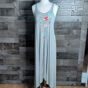 Caite Embroidered Floral Gray Maxi Dress Hi Lo Cut